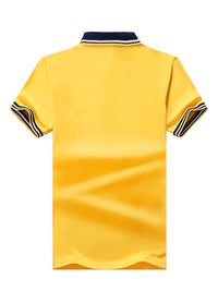 Men's Casual Shirt - Vibrant Red with Golden Embroidered Crest, Short Sleeve Summer Shirt, Regular Fit, Black & Yellow Trim Collar, Breathable Fabric for Casual & Semi-Formal Wear, Contrast Stripe Detailing