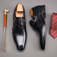 Men's Second Layer Cowhide Upper Solid Color Monk Shoes, Comfy Non Slip Rubber Sole Durable Dress Shoes, Men's Footwear