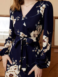 Floral Print V Neck Belted Elegant Dress - Long Sleeve, Vacation & Everyday Wear - For Women - Soft & Comfortable Fabric - Perfect Gift for Birthday & Special Occasions