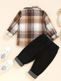 Boy's Casual Plaid Button-Up Shirt & Ripped Imitation Denim Pants Set - Cozy Polyester, Non-Transparent, Perfect for Fall/Winter, Perfect for Outdoor