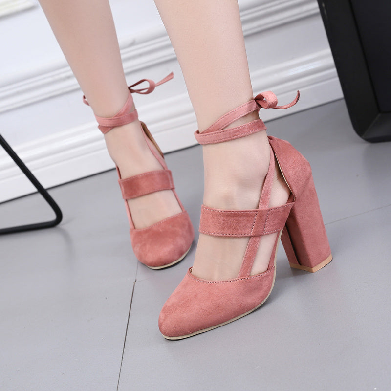 [Elegant Sandals] Elegant High Heel Sandals | Women's - Solid Color Fabric Upper, Round Toe, Lace-Up Ankle Strap, Block Heel, Rubber Sole, Man-Made Insole & Inner Material