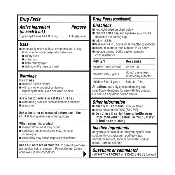 Children's Benadryl Diphenhydramine HCl Dye-Free Allergy Bubble Gum Flavor Liquid, 16 Fluid Ounces  2 X 8 OZ