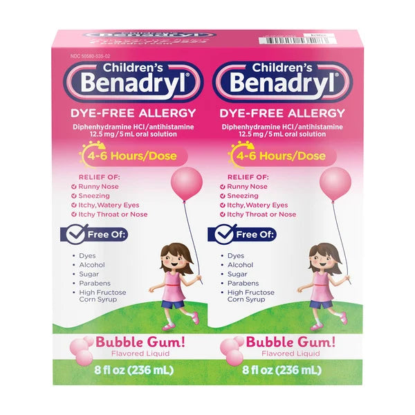Children's Benadryl Diphenhydramine HCl Dye-Free Allergy Bubble Gum Flavor Liquid, 16 Fluid Ounces  2 X 8 OZ