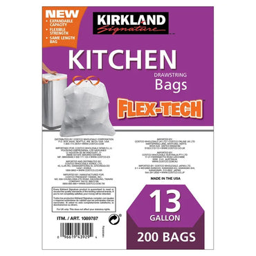 Kirkland Signature 13 Gallon 200 Ct Carton 100% recyclable Heavy Duty Drawstring Kitchen Trash Bags Garbage Bag ,White