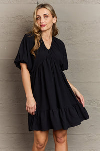 Hailey & Co Comfort Cutie Double V-Neck Puff Sleeve Mini Dress