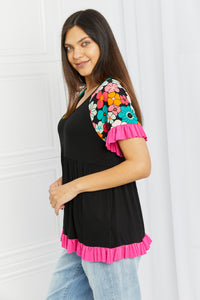 Celeste Take Me Out Full Size Ruffle Tunic Top in Black/Fuchsia