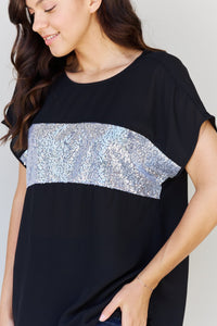 Sew In Love Shine Bright Full Size Center Mesh Sequin Top in Black/Silver