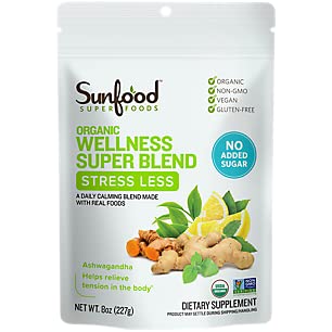Sunfood Wellness Super Blend- Stress Less | Organic Plant Based Powder | No Added Sugar | Non-GMO, Vegan, Gluten Free | 8 oz Bag