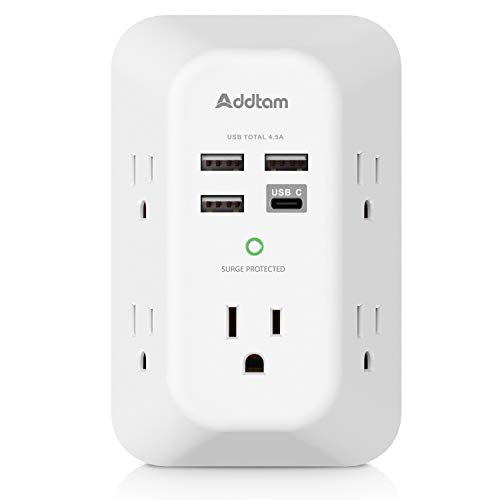 USB Wall Charger Surge Protector 5 Outlet Extender with 4 USB Charging Ports (1 USB C Outlet) 3 Sided 1800J Power Strip Multi Plug Outlets Wall Adapter Spaced for Home Travel Office ETL Listed