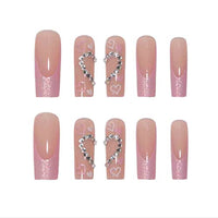 Foccna Long Press on Nails Pink Square French Fake Nails Full Cover Bling Acrylic False Rhinestone Nails LOVE Design Nails for Women and Girls 24PCS