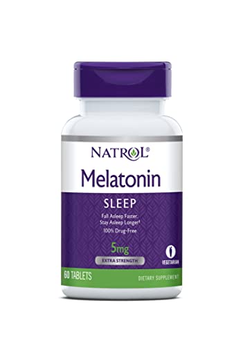 Natrol Melatonin Tablets, Helps You Fall Asleep Faster, Stay Asleep Longer, Strengthen Immune System, 100% Vegetarian, Extra Strength 5mg, 60 Count