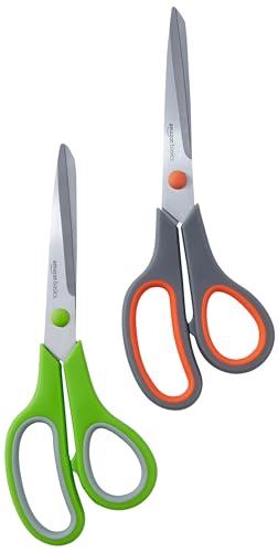 Amazon Basics Multipurpose, Comfort Grip, PVD Coated, Stainless Steel Office Scissors, 2-Pack, Green and Gray