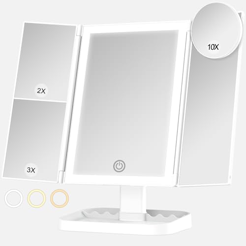 Lighted Makeup Mirror with 3 Color Lighting, Makeup Mirror with Extra Round 10X Magnifying Mirror, 72 LED Vanity Mirror, 10x 3X 2X Magnification, Touch Control, Dual Power Supply, Gift for Woman