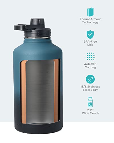 Insulated Water Bottle 64 oz with Straw Lid (3 Lids), BUZIO 64oz Stainless Steel Water Bottle Half Gallon Jug Flask, Double Wall Vacuum Sports Thermo Mug, Cold Hot Hydro Metal Canteen, Indigo Black