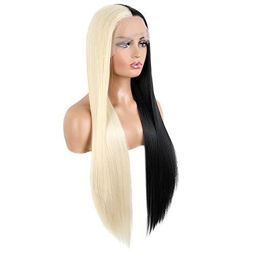 Synthetic Lace Front Wigs Heat Resistant Fiber Long Straight Hair Replacement Wig for Women Cosplay Party Show (Half Black Half Blonde, 24 inch)