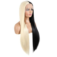 Synthetic Lace Front Wigs Heat Resistant Fiber Long Straight Hair Replacement Wig for Women Cosplay Party Show (Half Black Half Blonde, 24 inch)