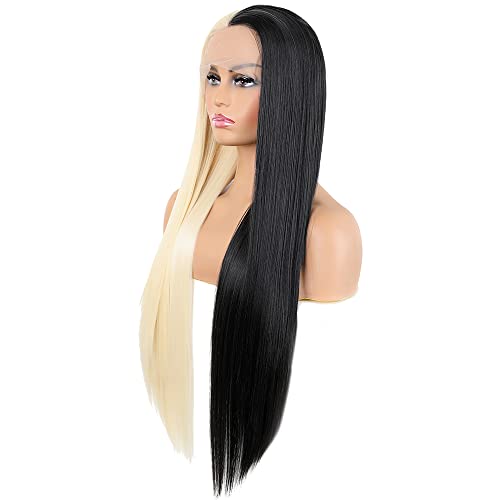 Synthetic Lace Front Wigs Heat Resistant Fiber Long Straight Hair Replacement Wig for Women Cosplay Party Show (Half Black Half Blonde, 24 inch)