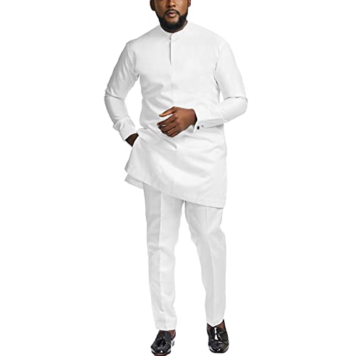 SEA&ALP African Suits for Men Slim Fit Dashiki Long Sleeve Shirt and Pant 2 Piece Attire Traditional Outfits White L