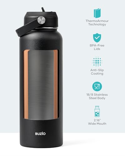 BUZIO Double Wall Stainless Steel Sports Wide Mouth Water Bottle, BPA-Free Flex Cap and Straw Lid, 40 Ounces & 32 Ounces Water Bottle