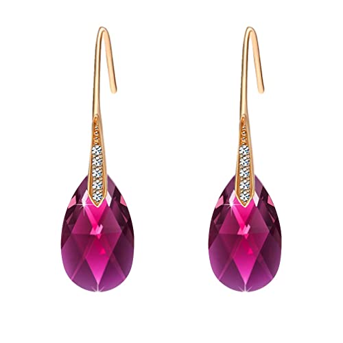 Austrian Crystal Teardrop Dangle Earrings for Women Drop Hook Earring 14K Rose Gold Plated Hypoallergenic Jewelry (Fuchsia)