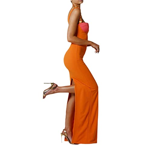 GuliriFei Women Sexy Cut Out Bodycon Maxi Dress Sleeveless Color Block Slip Dress Elegant Long Cami Dresses Evening Party (Orange Long Style, Small)