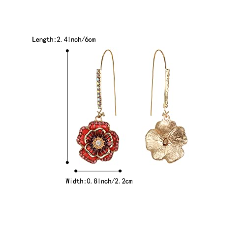 BriLove Fashion Elegant Rhinestone Enamel Rose Flower Hook Dangle Earrigns for Women Ruby Color Gold-Toned