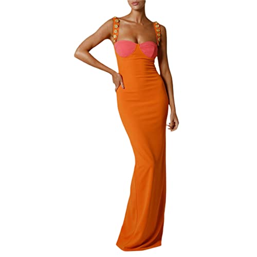 GuliriFei Women Sexy Cut Out Bodycon Maxi Dress Sleeveless Color Block Slip Dress Elegant Long Cami Dresses Evening Party (Orange Long Style, Small)