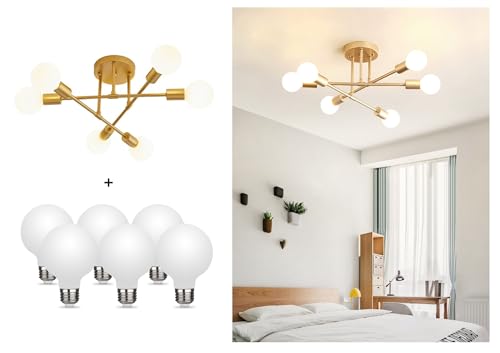 Dellemade Modern Sputnik Chandelier, 6-Light Ceiling Light, 6 LED Light Bulbs Included for Bedroom,Dining Room,Kitchen,Office (Gold)