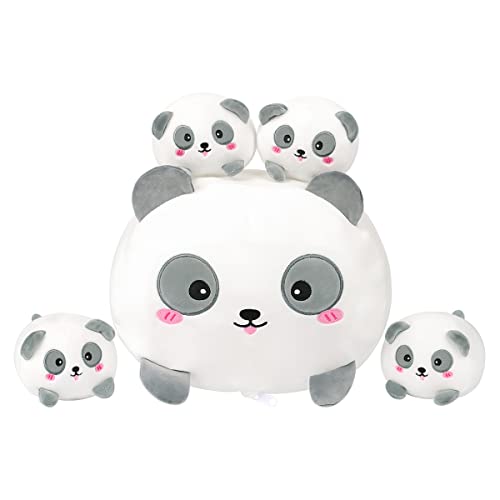 AIXINI Cute Panda Mommy Stuffed Animal with 4 Little Baby Pandas Plush, Super Soft Cartoon Hugging Toy Gifts for Bedding, Kids Sleeping Kawaii Pillow