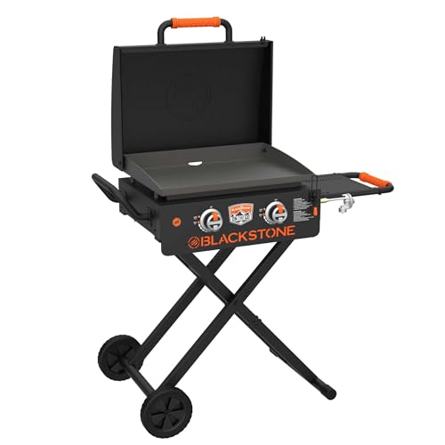 Blackstone 1935 On The Go Scissor-Leg Two Burners Gas Hood, Wheels, Side Shelf Heavy Duty Outdoor Stainless Steel Griddle for Backyard, Patio Camping, 22, Black