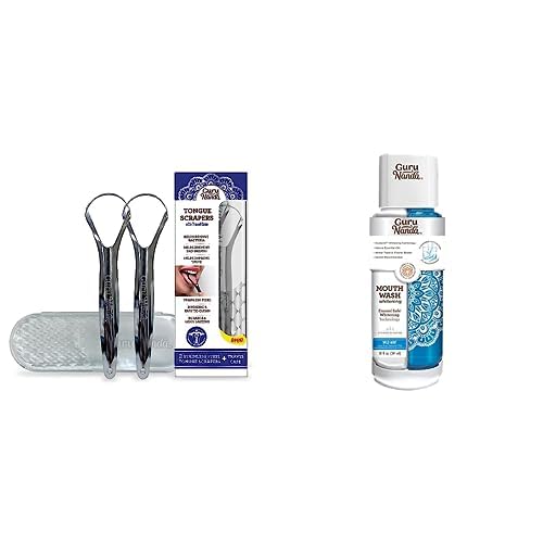 GuruNanda Stainless Steel Tongue Scraper Spoon (Pack of 2) and Dual Barrel Oxyburst Whitening Mouthwash - Fight Bad Breath, Enhance Teeth Whitening, & Maintain Healthy Gums with Natural Essential Oils