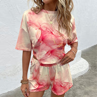 Printed Round Neck Dropped Shoulder Half Sleeve Top and Shorts Set