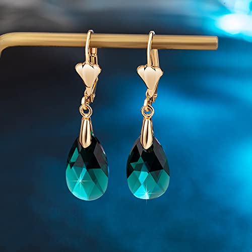 Austrian Crystal Teardrop Leverback Dangle Earrings for Women Fashion 14K Gold Plated Hypoallergenic Jewelry (Emerald)