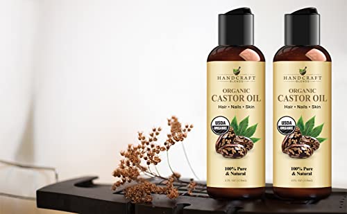 Handcraft Blends Organic Castor Oil for Hair Growth, Eyelashes and Eyebrows - 100% Pure and Natural Carrier Oil, Hair Oil and Body Oil - Moisturizing Massage Oil for Aromatherapy - 4 fl. Oz