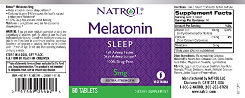 Natrol Melatonin Tablets, Helps You Fall Asleep Faster, Stay Asleep Longer, Strengthen Immune System, 100% Vegetarian, Extra Strength 5mg, 60 Count