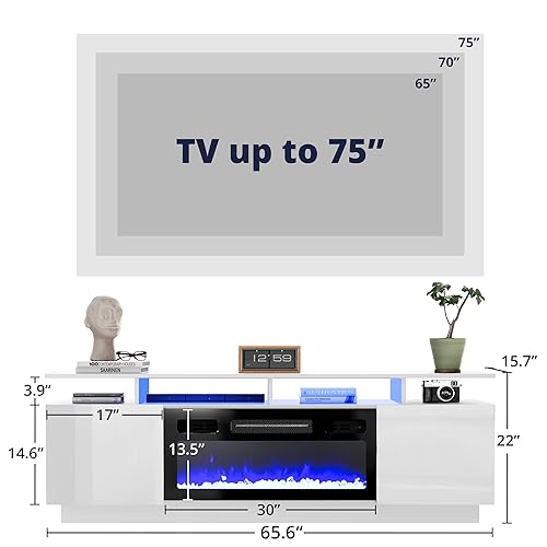 Cozy Castle Fireplace TV Stand for TV up to 75", High Gloss TV Entertainment Center with 30" Electric Fireplace, LED TV Console Table for Living Room, White