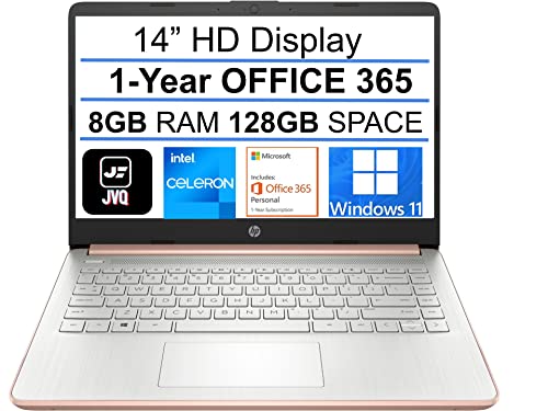 2022 Newest HP Stream 14in HD Laptop, Intel Celeron N4020(up to 2.8GHz), 8GB RAM, 128GB Space(64GB eMMC+ Card), 1-Year Office 365, WiFi, HDMI, USB-C, Webcam, Bluetooth, Windows 11S,Rose Gold+JVQ MP