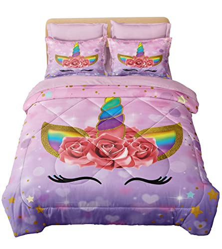 SIRDO Twin Bedding Sets for Girls Purple Pink Unicorn Bed Comforter Sets with Sheets 5 Pieces Kid Girl Bed in a Bag Soft Princess Bedding Cute Bed Set Washable