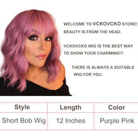 VCKOVCKO Pastel Wavy Wig With Air Bangs Women's Short Bob Purple Pink Curly Shoulder Length Bob Synthetic Daily Use Colorful Cosplay Wig for Girls (12", Purple Pink)