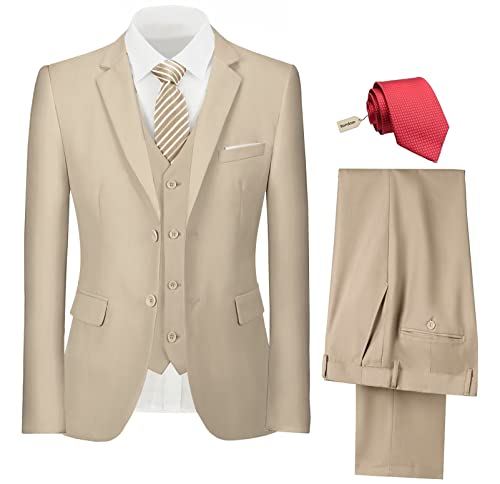 Men’s 3 Piece Suit Set Slim Fit Dress Suits Set with 2 Button Tux Blazer Jacket Vest Pants & Tie for Party Wedding Business Beige S