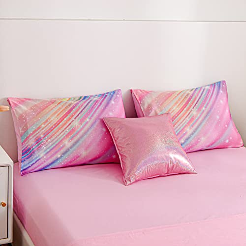 Btargot Super Soft 6 Pieces Gradient Star Ring Comforter Set, Colorful Glitter Rainbow Star Pattern Bedding Set for Boys Girls Teens,Twin Pink