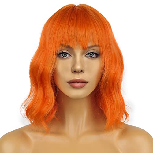 LANCAINI Wavy Wig With Bangs Women's Short Orange Wigs Curly Wavy Bob Synthetic Cosplay Wig for Girls Daily Use Colorful Wigs(12" Orange)