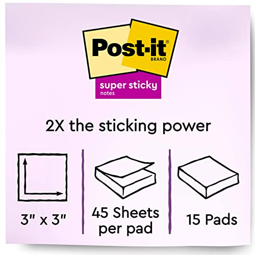 Post-it Super Sticky Notes, Limited Edition Color Collection, 3x3 in, 15 Pads/Pack, 45 Sheets/Pad