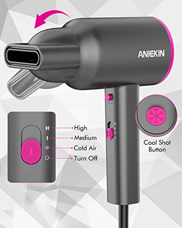 ANIEKIN Hair Dryer with Diffuser, 1875W Ionic Blow Dryer, Professional Portable Hair Dryers & Accessories for Women Curly Hair, Grey