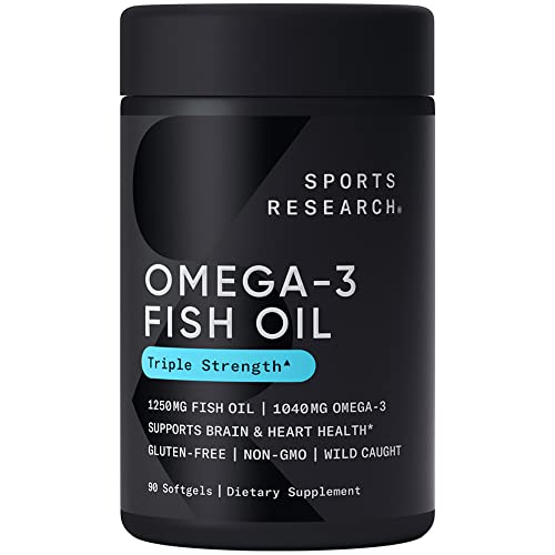 Sports Research Triple Strength Omega 3 Fish Oil 1250mg from Wild Alaska Pollock | Burpless Fish Oil Supplement with Omega-3 EPA & DHA | Sustainably Sourced, Non-GMO, Gluten Free - 90 Softgels