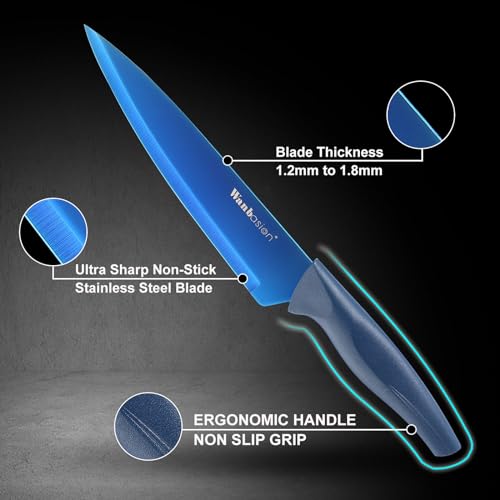 Wanbasion Blue Professional Kitchen Knife Chef Set, Stainless Steel, Dishwasher Safe with Sheathes