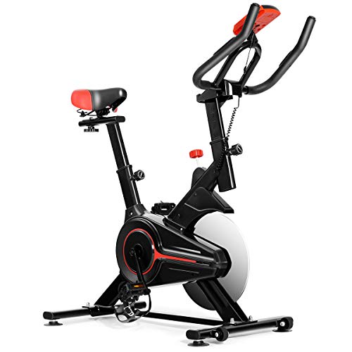 GYMAX Indoor Cycling Bike, Stationary Exercise Bike with LCD Monitor, Heart Pulse Sensor & Comfortable Seat Cushion for Home Workout Black+Red