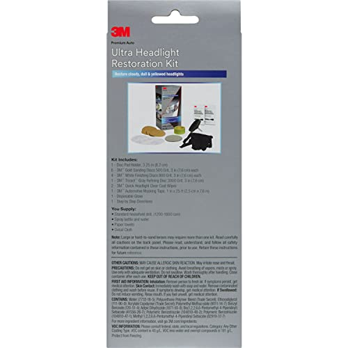 3M Ultra Headlight Restoration Kit, Easy Heavy-Duty Restoration, 39195, 1 Kit, Drill Required, Gray