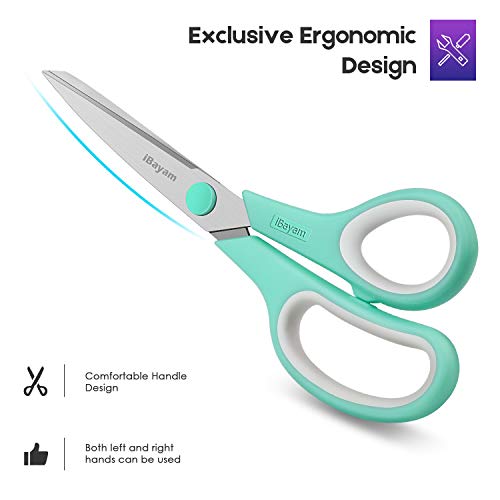 Scissors, iBayam 8" All Purpose Scissors Bulk 3-Pack, Ultra Sharp 2.5mm Thick Blade Shears Comfort-Grip Scissors for Office Desk Accessories Sewing Fabric Home Craft School Supplies, Right/Left Handed