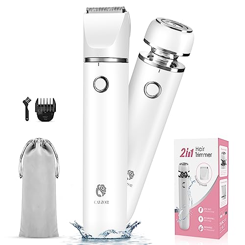 Cayzor Bikini Trimmer and Shaver for Women - 2-in-1 Wet/Dry Electric Body Hair Cordless Waterproof Facial Removal Razor Painless Trimming of Pubic Face Underarm Legs (White)